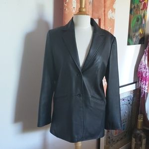 Pamela McCoy Collections Mid-length Black Leather Car Coat Size Medium